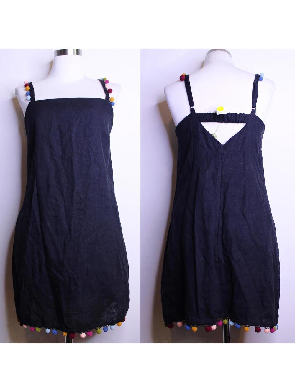 NWT Anthro Black Linen Blend Pom Pom Mini Tank Dress - XS